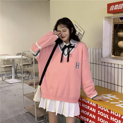 Cute Vintage Preppy V Neck Oversized Sweater Long Sleeve Shirt Pullover Hoodie Sweatshirt E-Girl Kawaii Korean Japanese Harajuku Retro Streetwear