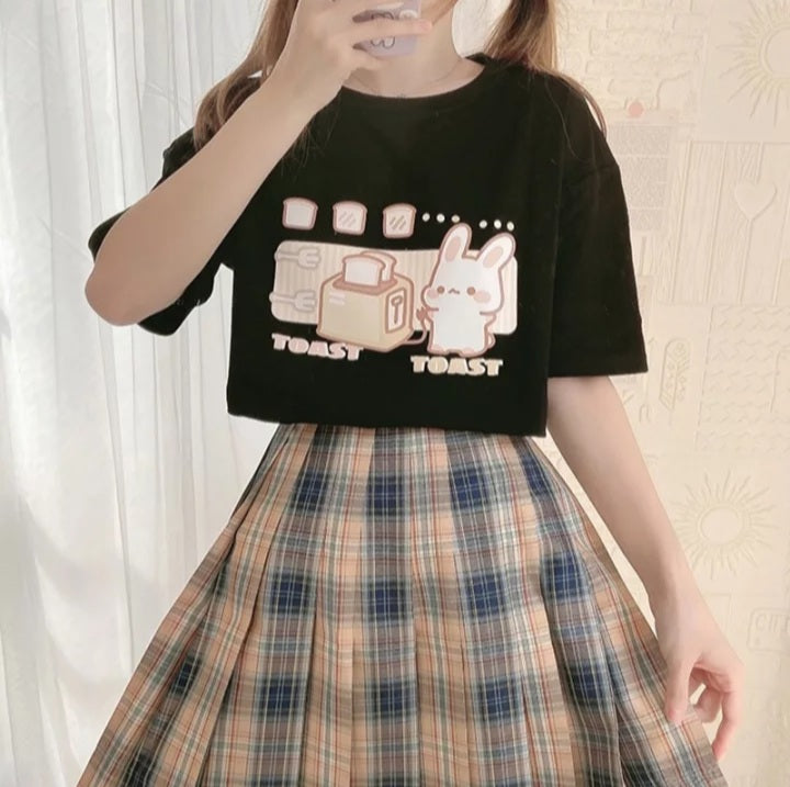 Cute Bunny And Toast Bread Graphic Cartoon Print Loose Short Sleeve T-shirt Aesthetic Casual Summer E-Girl Kawaii Korean Japanese Harajuku