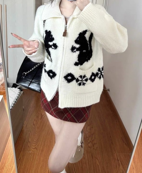 Squirrel Graphic Zipper Sweater