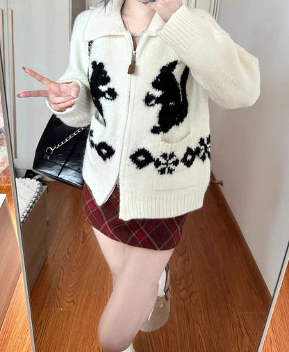 Squirrel Graphic Zipper Sweater