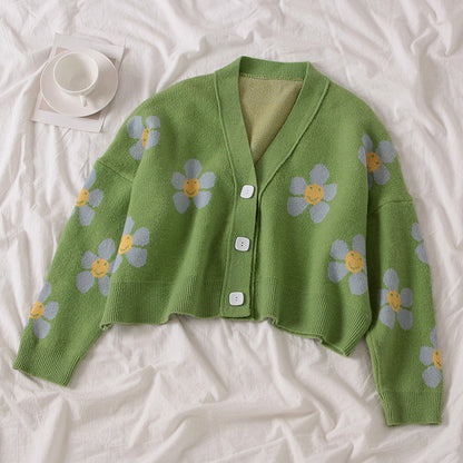 Cute Vintage Flower V Neck Long Sleeve Knit Cardigan Sweater Sweatshirt Pullover Jumper E-Girl Kawaii Korean Japanese Harajuku Streetwear
