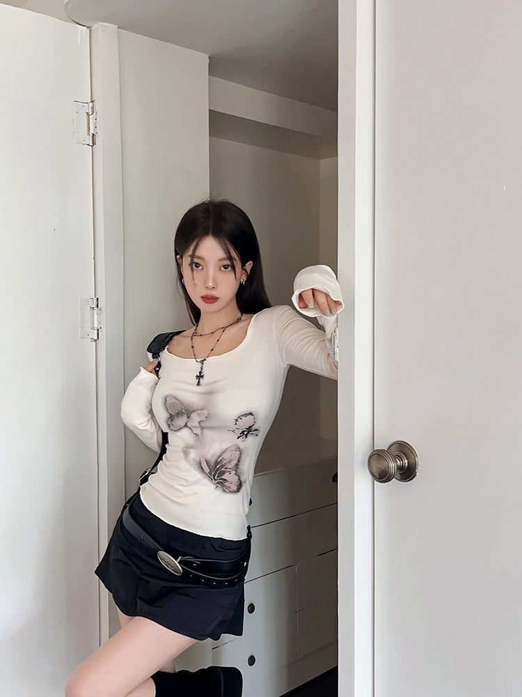Butterfly Print Off Shoulder Long Sleeve Shirt