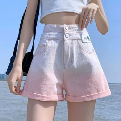 Pink Ombre High Waist Button Shorts