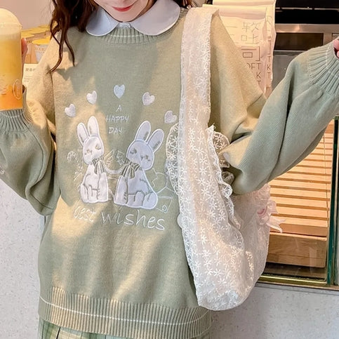 Green Rabbit Knit Long Sleeve Sweater