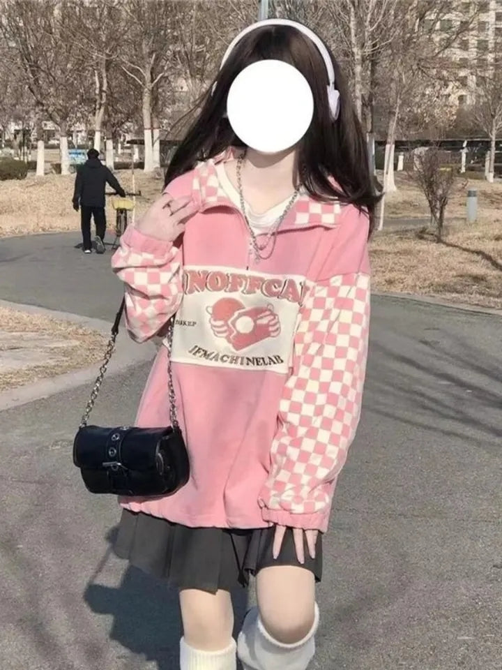 Pink Plaid Checkboard Zip Up Oversized Sweatshirt