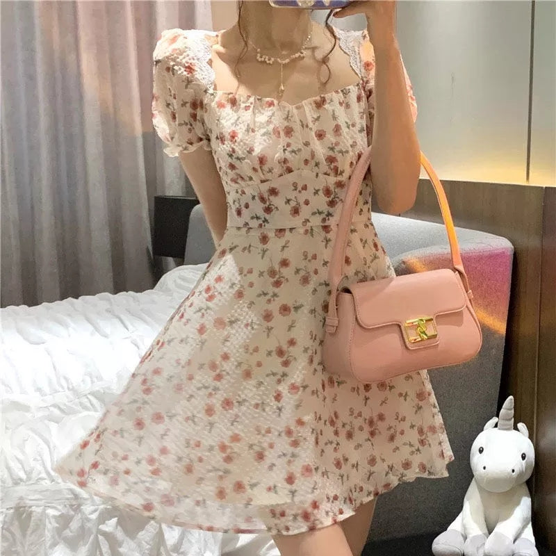 Sweet French Floral Elgeant Lace Backless Mini Dress Aesthetic Casual E-Girl Kawaii Korean Japanese Harajuku