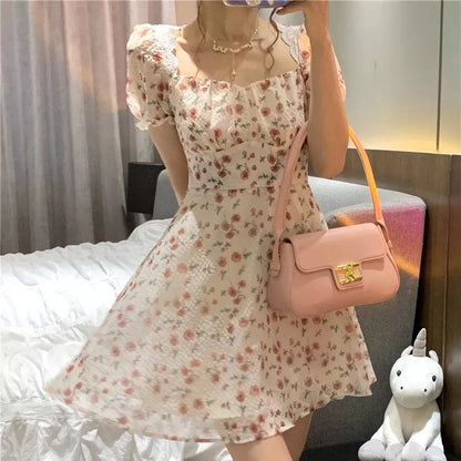 Sweet French Floral Elgeant Lace Backless Mini Dress Aesthetic Casual E-Girl Kawaii Korean Japanese Harajuku