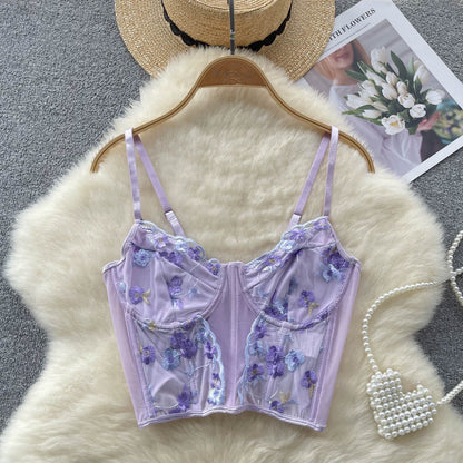 Purple Flower Embroidery Corset Top