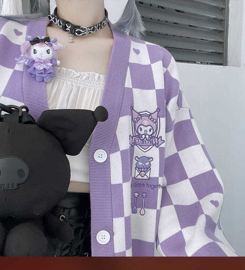 Japanese Anime Embroidery Checkboard Sweater