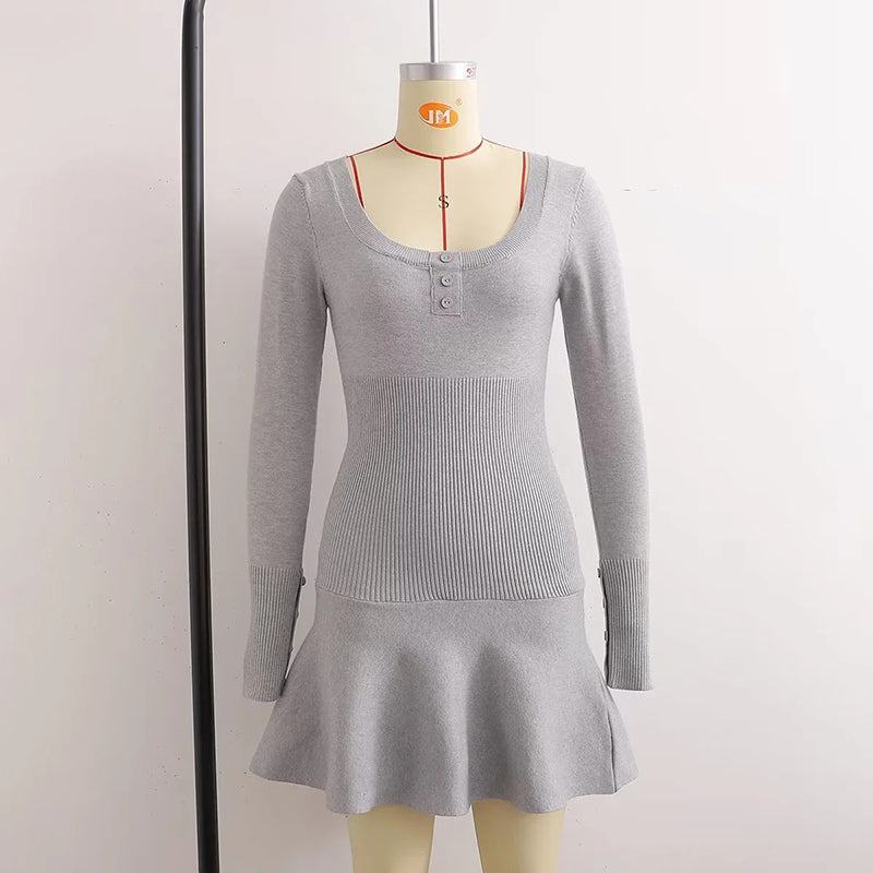 Blue Knit Long Sleeve Button Mini Dress