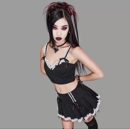 Cute Vintage Lace Bandage A-line High Waist Mini Skirt Punk Goth Summer Aesthetic Casual E-Girl Kawaii Korean Japanese Harajuku