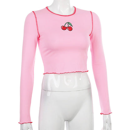 Cute Pink Cherry Fruit Embroidery Crop Top Long Sleeve Shirt T-shirt Causal Tee Summer E-Girl Kawaii Korean Japanese Harajuku Streetwear