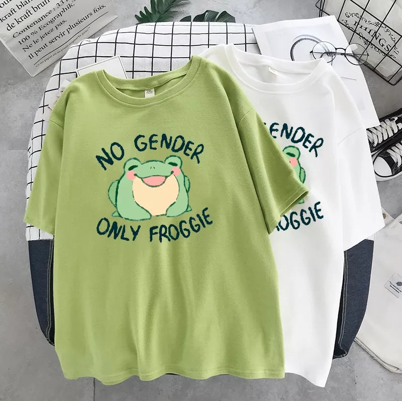 Cute Green Frog No Gender Funny Cartoon Print Short Sleeve T-shirt Oversize Loose Aesthetic Casual Summer E-Girl Kawaii Korean Japanese Haraju