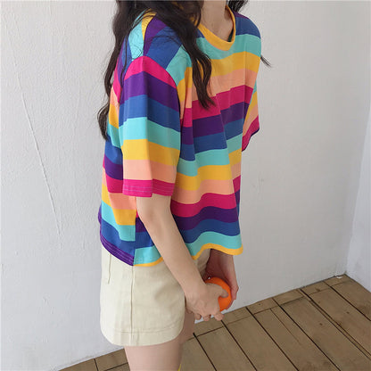 Cute Rainbow Colorful Stripe LGBT Pride Loose Oversized Short Sleeve Shirt Tee T-shirt E-Girl Kawaii Korean Japanese Harajuku Chinese Retro Streetwear