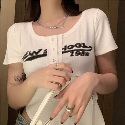 Black Graffiti Print Button Crop Top
