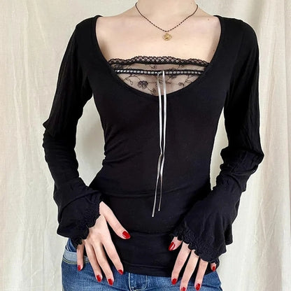 Black Lace Patchwork Long Sleeve Shirt