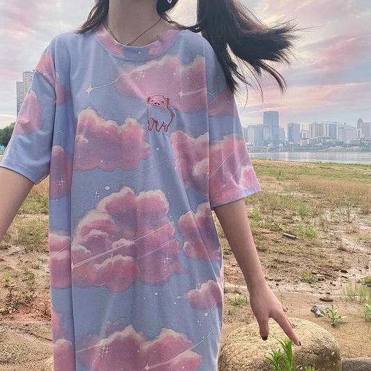 Cute Pastel Aesthetics Clouds Pig Embroidery Vintage Short Sleeve Shirt Oversized Loose T-shirt Top E-Girl Kawaii Korean Japanese Harajuku Streetwear
