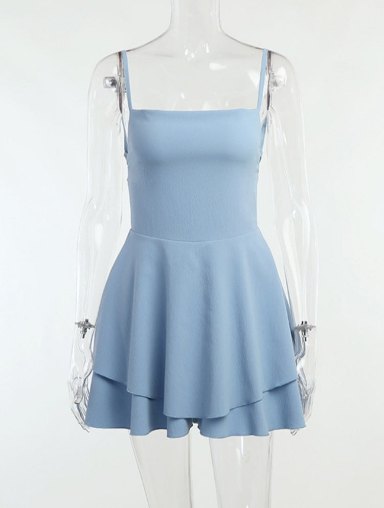 Blue Double Layer Backless Dress