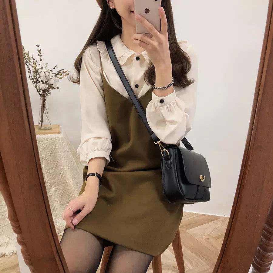 Cute 2pcs Summer Preppy White Ruffle Peterpam Collar Black Vintage V Dress E-Girl Kawaii Korean Japanese Harajuku Retro Streetwear
