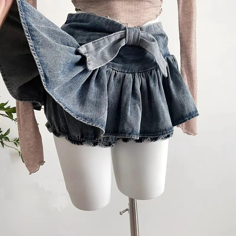 Denim Bow Ruffle Low Waist Skirt