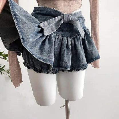 Denim Bow Ruffle Low Waist Skirt