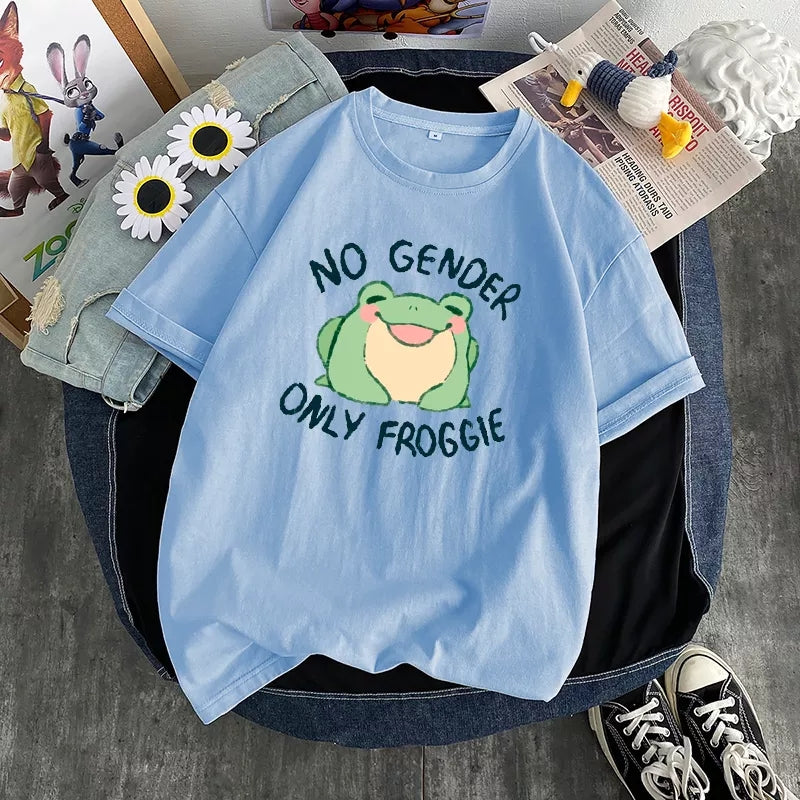 Cute Green Frog No Gender Funny Cartoon Print Short Sleeve T-shirt Oversize Loose Aesthetic Casual Summer E-Girl Kawaii Korean Japanese Haraju
