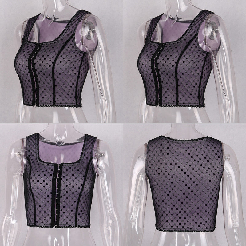 Sexy Lace Net Crop Top Tank Camisole Sleeveless Shirt Summer Causal E-Girl Kawaii Korean Japanese Harajuku Streetwear
