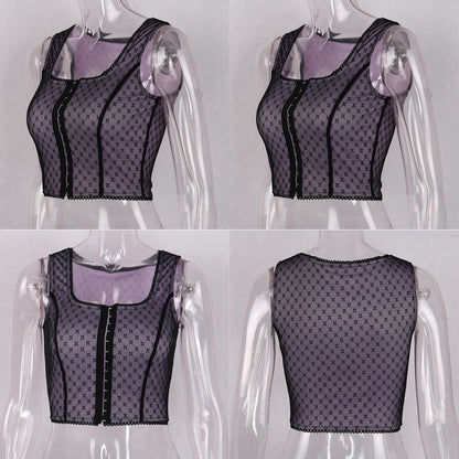Sexy Lace Net Crop Top Tank Camisole Sleeveless Shirt Summer Causal E-Girl Kawaii Korean Japanese Harajuku Streetwear
