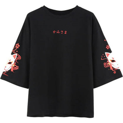 Fox Anime Cartoon Print Vintage Black T-shirt Short Sleeve Tee Shirt Causal Summer Top E-Girl Kawaii Korean Japanese Harajuku Streetwear