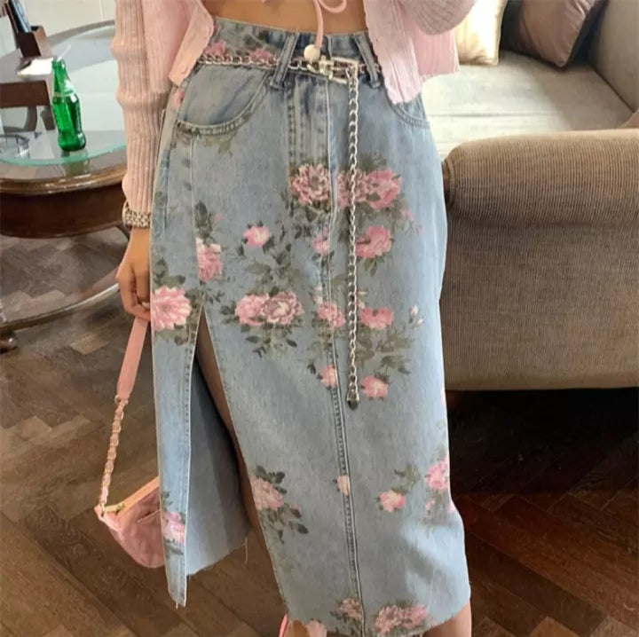 Cute Vintage Flowers Print Maxi Denim Skirt High Waist Open Split Straight Summer Aesthetic Casual E-Girl Kawaii Korean Japanese Harajuku