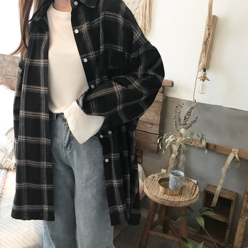 Cute Casual Plaid Flannel Loose Oversized Long Sleeve Shirt Top Boyfriend Baggy E-Girl Kawaii Korean Japanese Harajuku Retro Streetwear