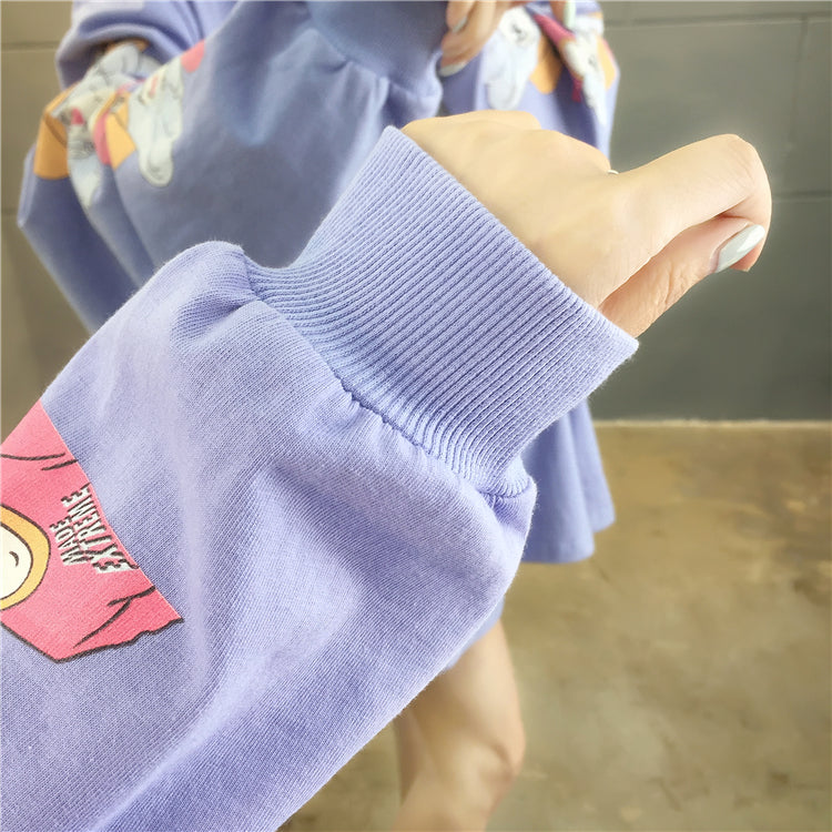 Purple Anime Girl Cartoon Print Sweatshirt Causal Long Sleeve Shirt Casual Oversized Loose Sweater E-Girl Kawaii Korean Japanese Harajuku Streetwear