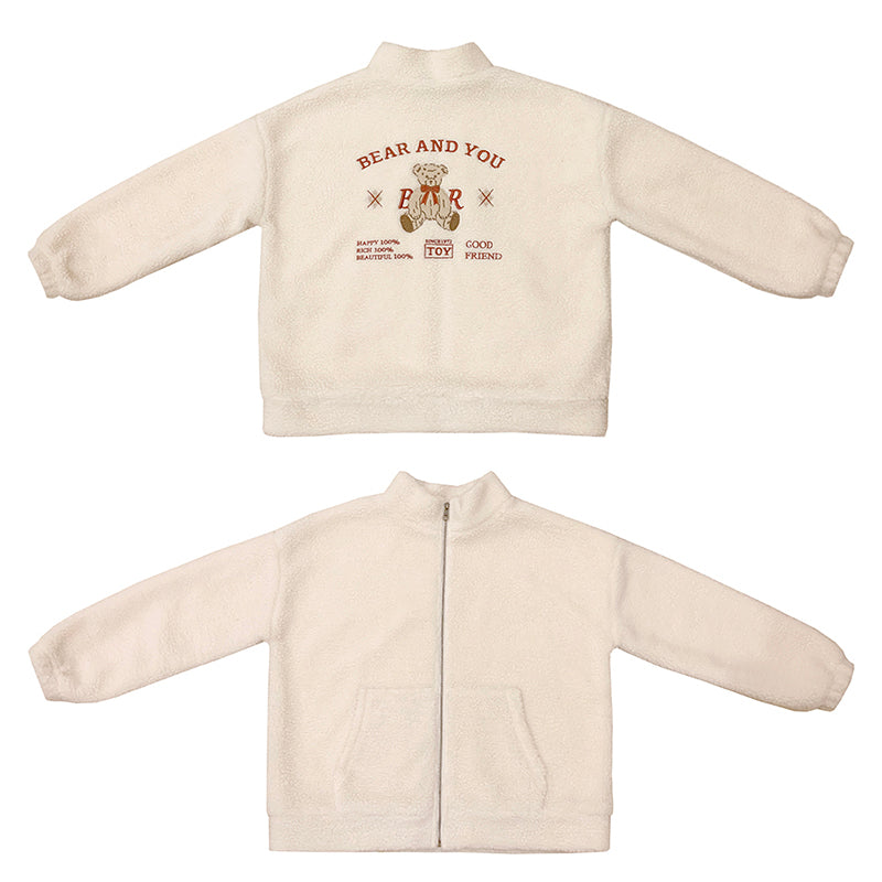 Fluffy Fleece Bear Embroidery Loose Zipper Jacket