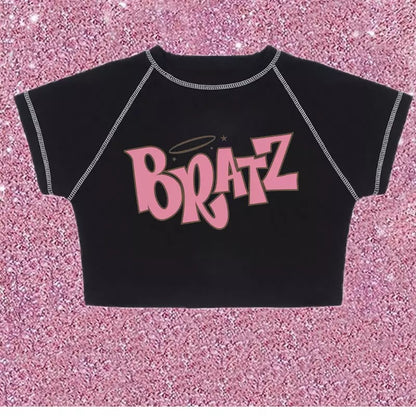 Cute Black Bratz Cartoon Vintage Sexy Crop Top Short Sleeve Shirt Tee T-shirt Summer Casual E-Girl Kawaii Korean Japanese Harajuku Streetwear