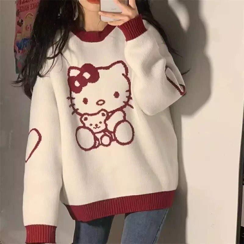 Kitty Cat Cartoon Long Sleeve Shirt Knit Sweater Sweatshirt Pullover Aesthetic Casual E-Girl Kawaii Korean Japanese Harajuku