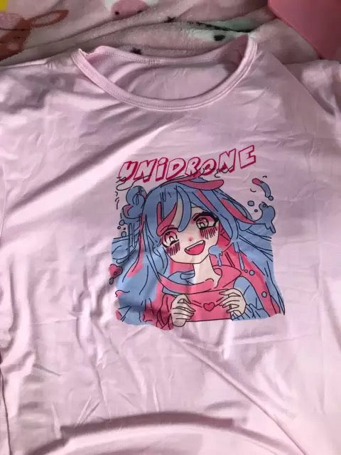 Cute Sweet Vintage Pastel Pink Anime Girl Cartoon Print Short Sleeve Shirt Loose T-shirt Top E-Girl Kawaii Korean Japanese Harajuku Streetwear