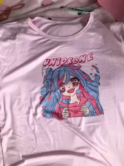 Cute Sweet Vintage Pastel Pink Anime Girl Cartoon Print Short Sleeve Shirt Loose T-shirt Top E-Girl Kawaii Korean Japanese Harajuku Streetwear