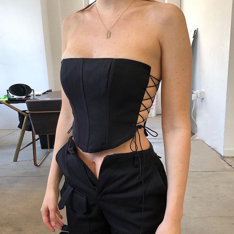 Sexy Black Corset Lace Tie Up Bustier Crop Top Sleeveless Strapless Vest Party Club Aesthetic Goth E-Girl Kawaii Korean Japanese Harajuku Streetwear