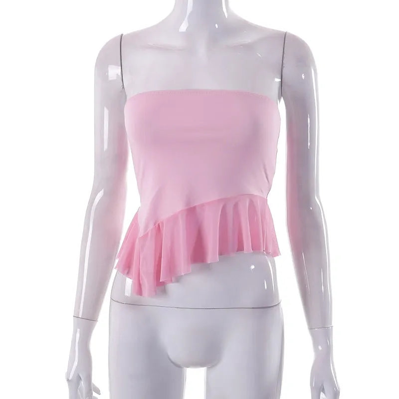 Pink Ruffle Irregular Mesh Tube Top