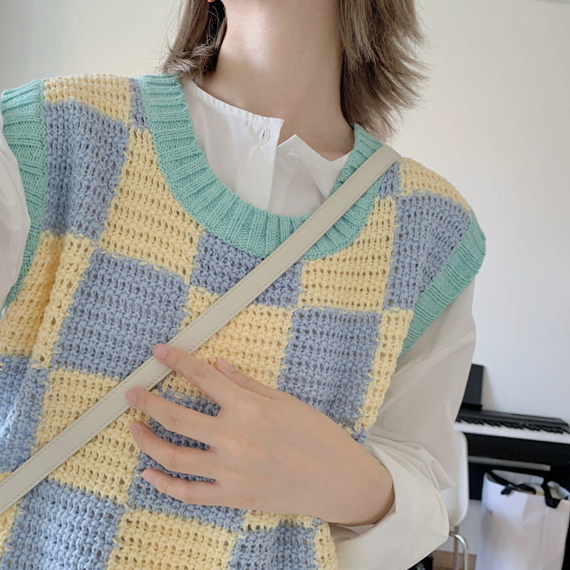 Blue & Yellow Checkered Crochet Sweater Vest