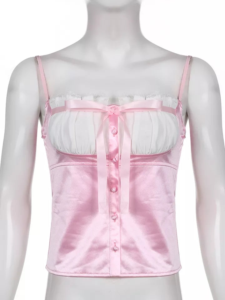 Sweet Elegant Bow Satin Crop Top Aesthetic Casual E-Girl Kawaii Korean Japanese Harajuku