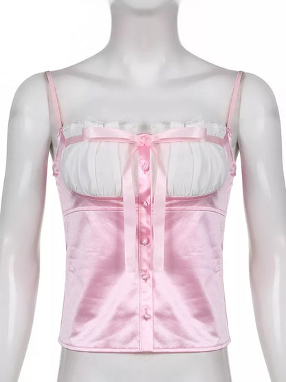 Sweet Elegant Bow Satin Crop Top Aesthetic Casual E-Girl Kawaii Korean Japanese Harajuku