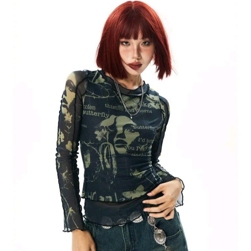 Butterfly Print Mesh Long Sleeve Shirt