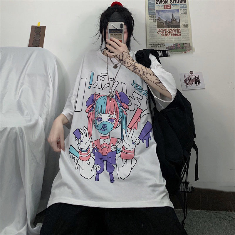 Cute Japanese Girl Punk Goth Print Oversized Short Sleeve Shirt Tee T-shirt E-Girl Kawaii Korean Japanese Harajuku Retro Streetwear Aesthetic