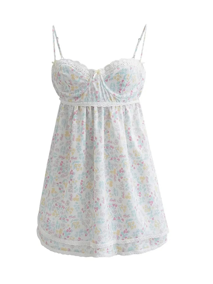 Floral Print Lace Trim Sling Dress