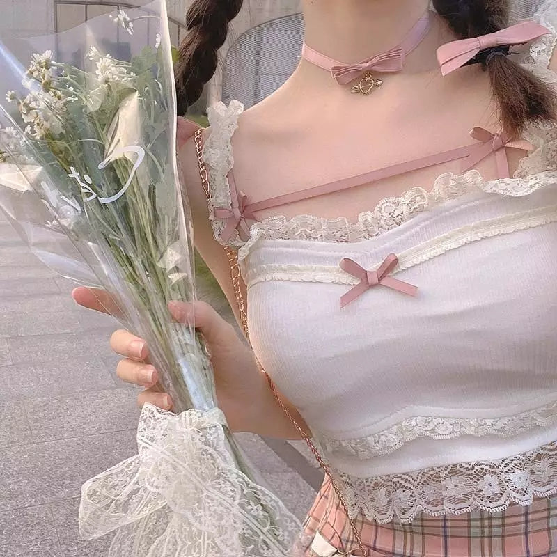 Cute Sweet Lace Bow Sling Crop Top Sleeveless Shirt 90S Summer Aesthetic Casual E-Girl Kawaii Korean Japanese Harajuku