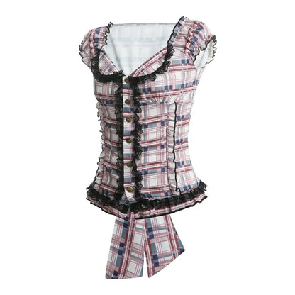 Plaid Ruffle Square V Neck Short Sleeve Top