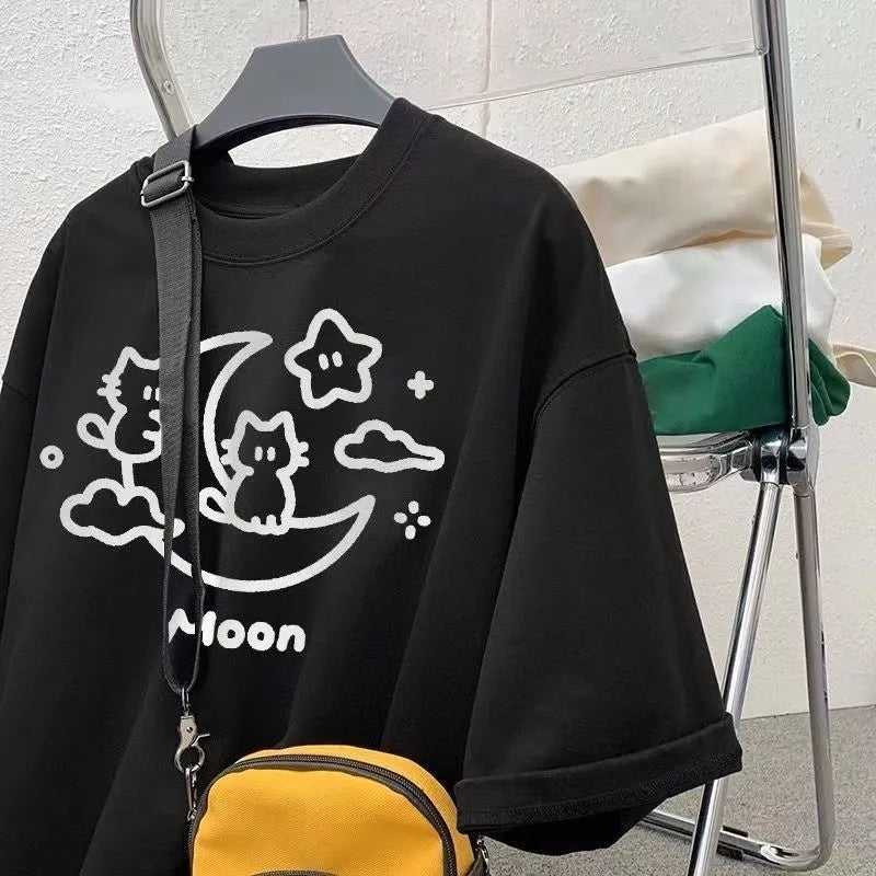Cat Moon Print Short Sleeve T-shirt