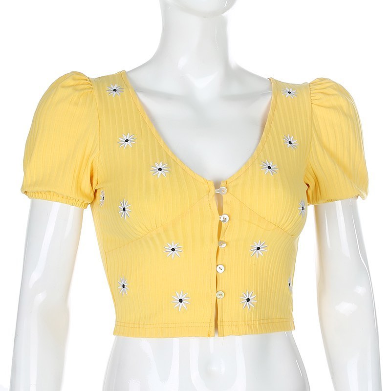 Cute Yellow Flower Embroidery Button V Neck Short Sleeve Shirt Crop Top Cardigan Summer Aesthetic E-Girl Kawaii Korean Japanese Harajuku Streetwear