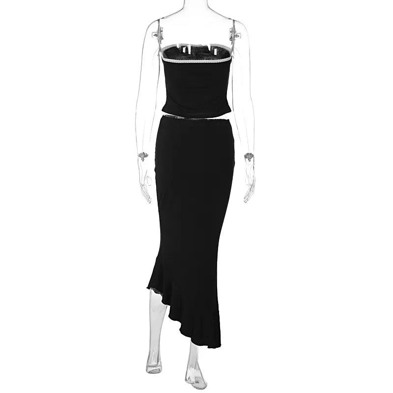 2PCS Black Lace Patchwork Tube Top + Maxi Irregular Skirt